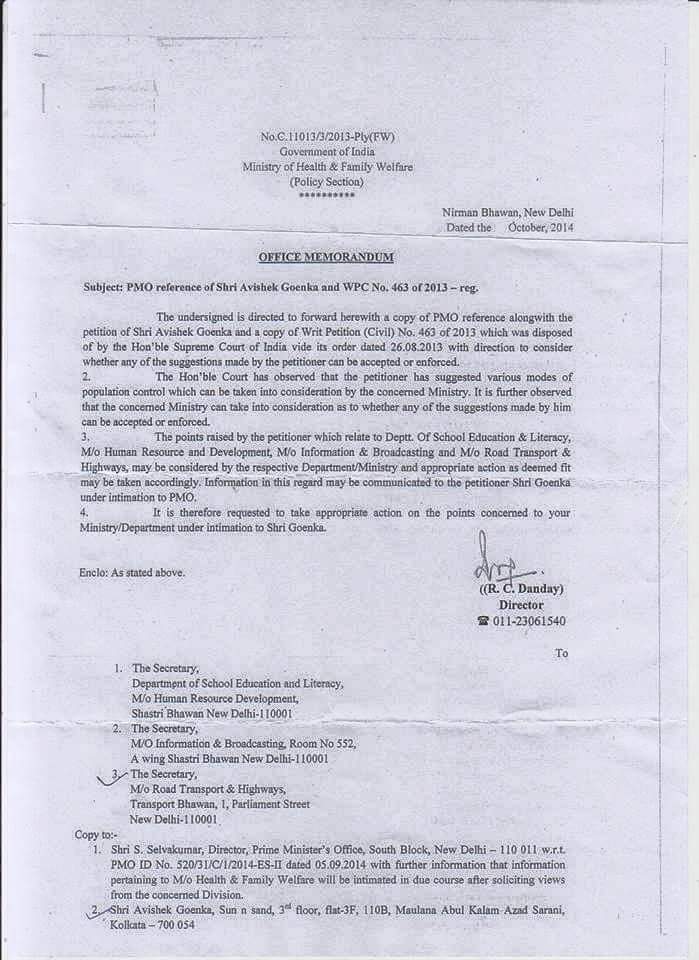 PMO Reference on Population Control Suggestions by Avishek Goenka